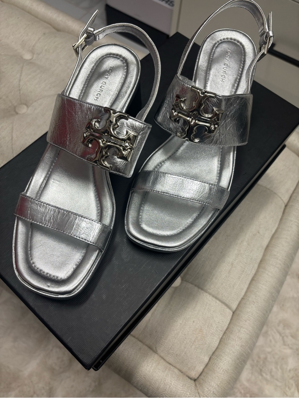 Tory Burch Silver Metallic Logo Slingback Sandals